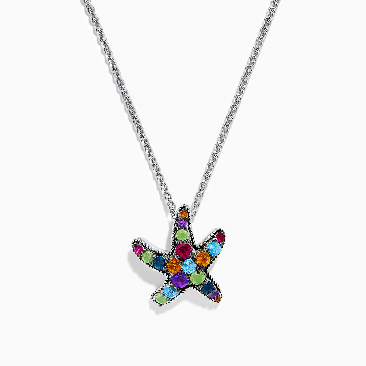 The Mosaic 925 Sterling Silver Multi Color Starfish Pendant necklace features a sterling silver chain and a starfish pendant decorated with blue, green, orange, purple, and red gemstones.