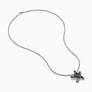 The Mosaic 925 Sterling Silver Multi Color Starfish Pendant necklace features a sterling silver chain and a starfish pendant decorated with blue, green, orange, purple, and red gemstones.
