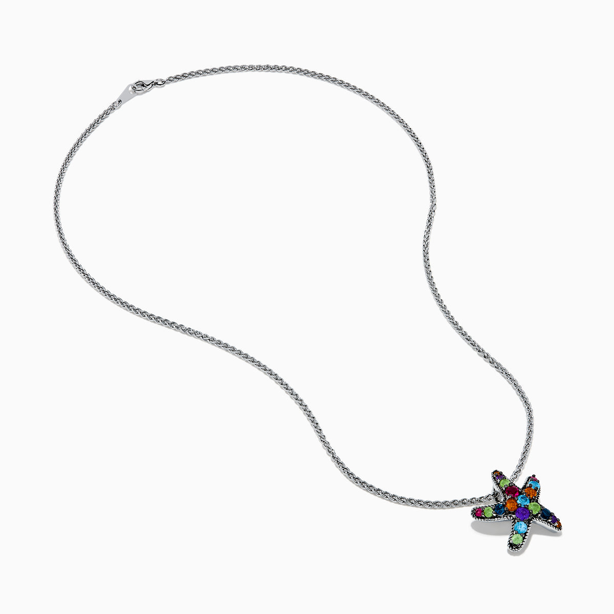 The Mosaic 925 Sterling Silver Multi Color Starfish Pendant necklace features a sterling silver chain and a starfish pendant decorated with blue, green, orange, purple, and red gemstones.