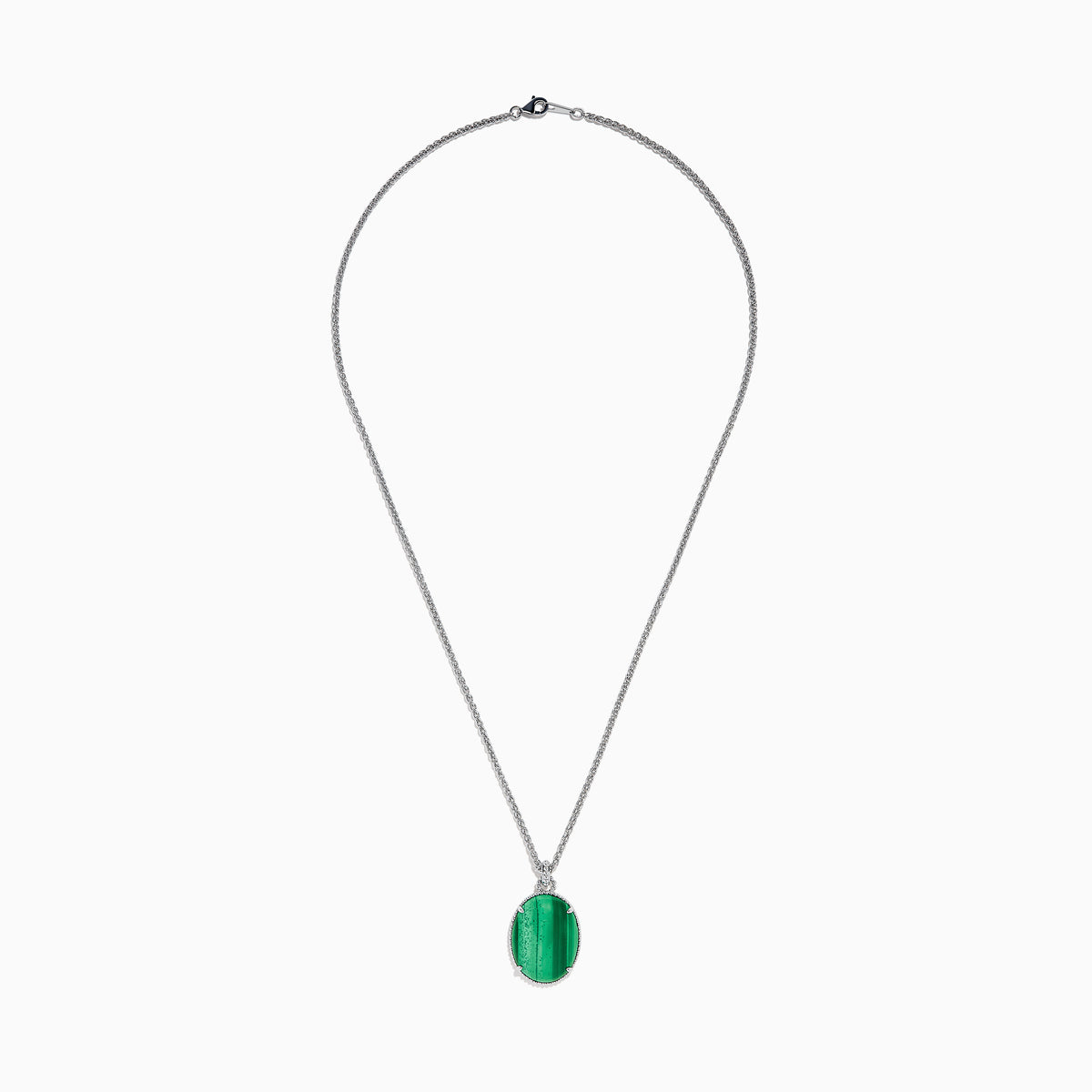 The 925 Sterling Silver Malachite Oval Pendant showcases a large oval malachite with dark and light streaks, set in a decorative silver bezel on a sterling silver chain.