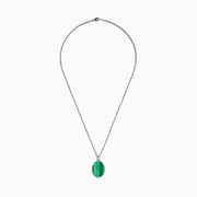 The 925 Sterling Silver Malachite Oval Pendant showcases a large oval malachite with dark and light streaks, set in a decorative silver bezel on a sterling silver chain.
