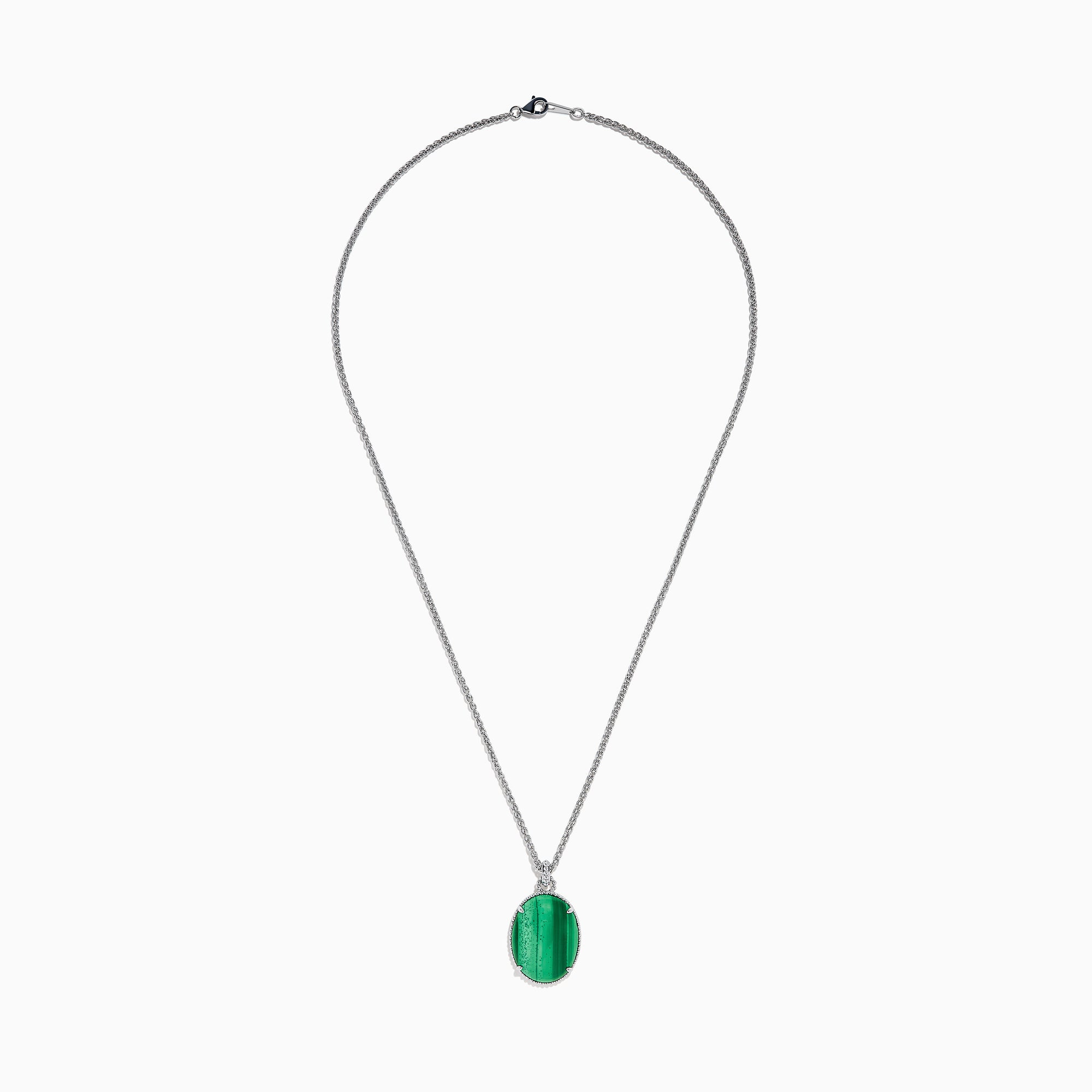 The 925 Sterling Silver Malachite Oval Pendant showcases a large oval malachite with dark and light streaks, set in a decorative silver bezel on a sterling silver chain.