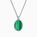 The 925 Sterling Silver Malachite Oval Pendant showcases a large oval malachite with dark and light streaks, set in a decorative silver bezel on a sterling silver chain.