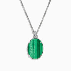 The 925 Sterling Silver Malachite Oval Pendant showcases a large oval malachite with dark and light streaks, set in a decorative silver bezel on a sterling silver chain.