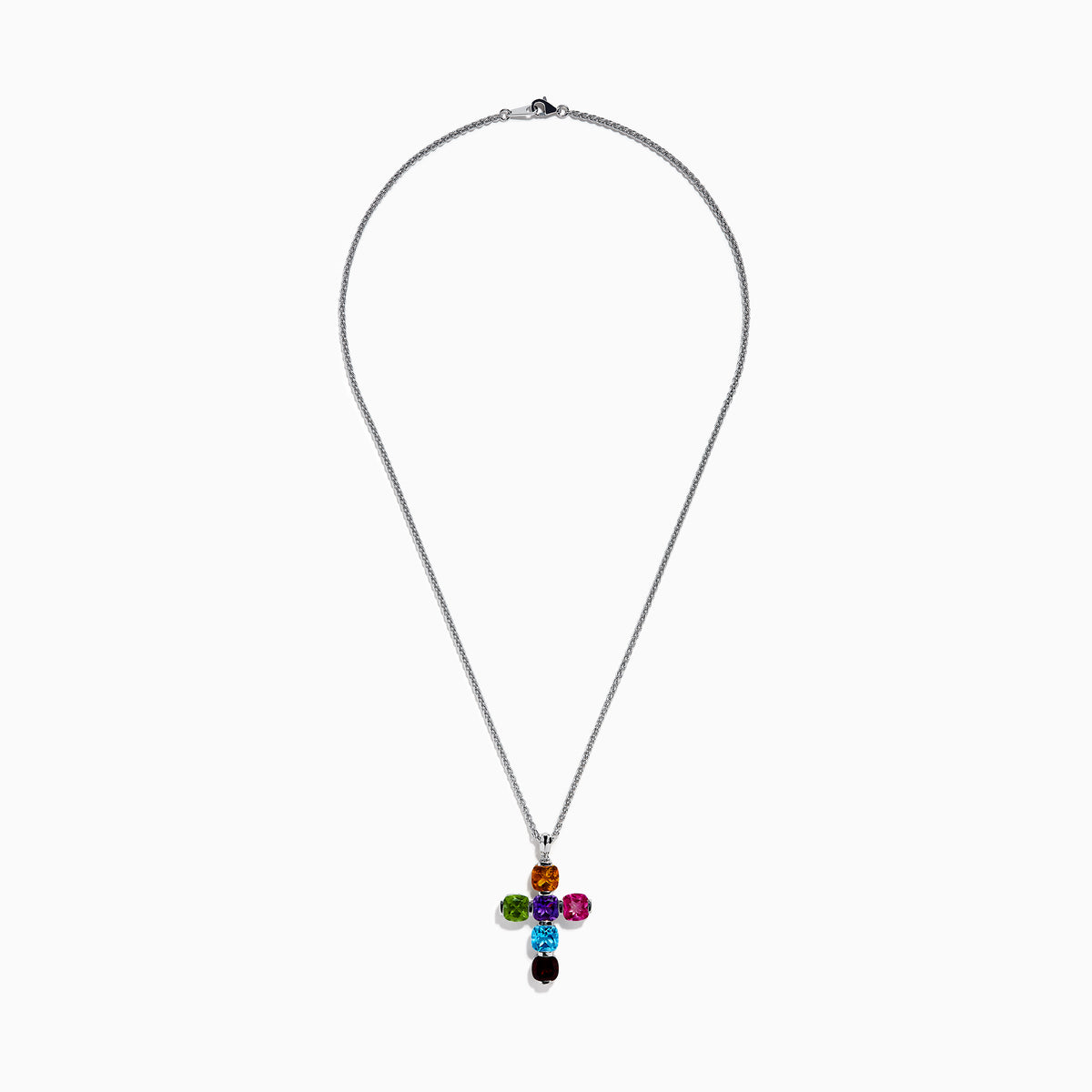 The Mosaic 925 Sterling Silver Multi Color Gemstone Cross Pendant features a sterling silver chain and cross with orange at the top, pink on the right, green on the left, blue and aqua in the center, and dark red at the bottom.