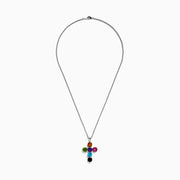 The Mosaic 925 Sterling Silver Multi Color Gemstone Cross Pendant features a sterling silver chain and cross with orange at the top, pink on the right, green on the left, blue and aqua in the center, and dark red at the bottom.