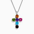The Mosaic 925 Sterling Silver Multi Color Gemstone Cross Pendant features a sterling silver chain and cross with orange at the top, pink on the right, green on the left, blue and aqua in the center, and dark red at the bottom.