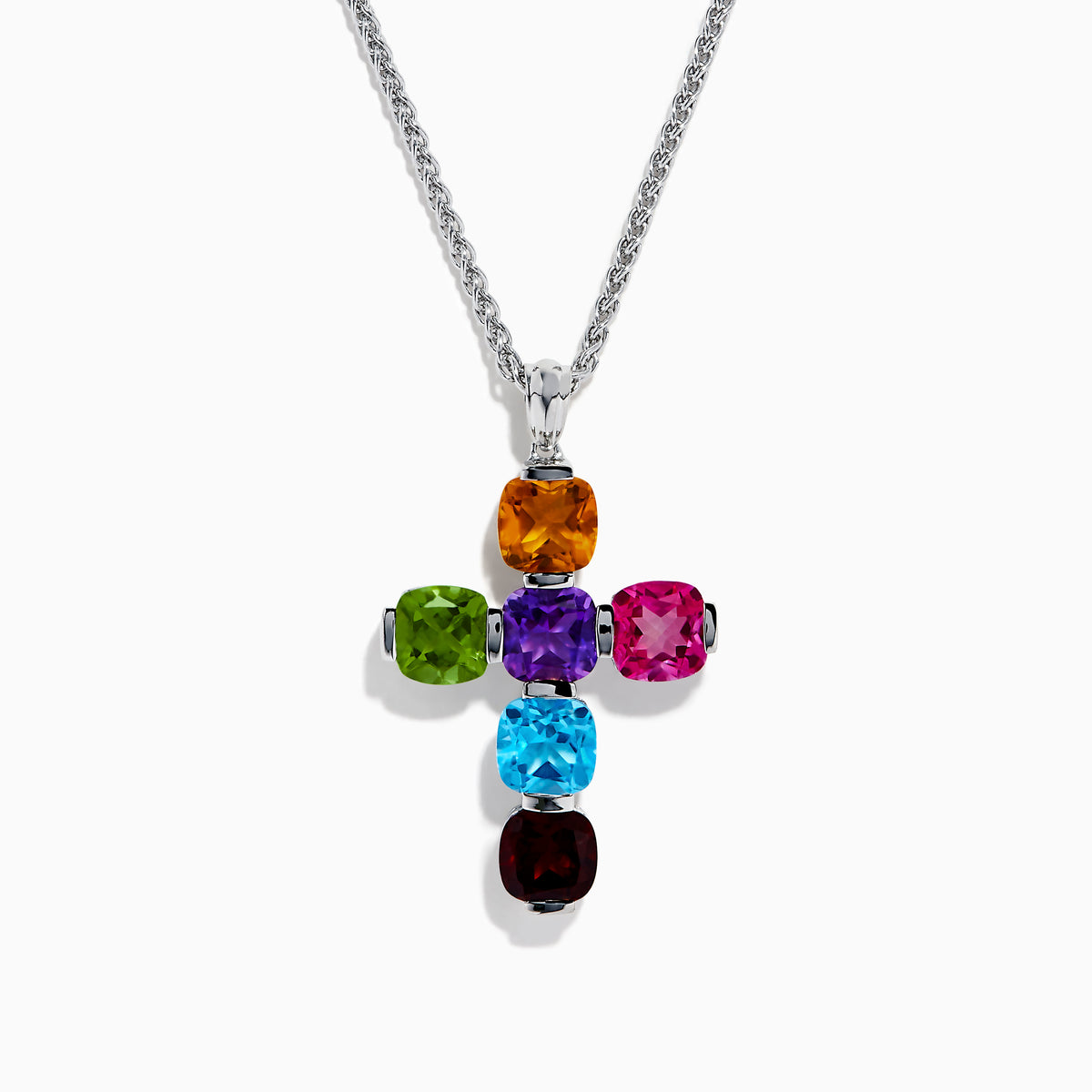The Mosaic 925 Sterling Silver Multi Color Gemstone Cross Pendant features a sterling silver chain and cross with orange at the top, pink on the right, green on the left, blue and aqua in the center, and dark red at the bottom.