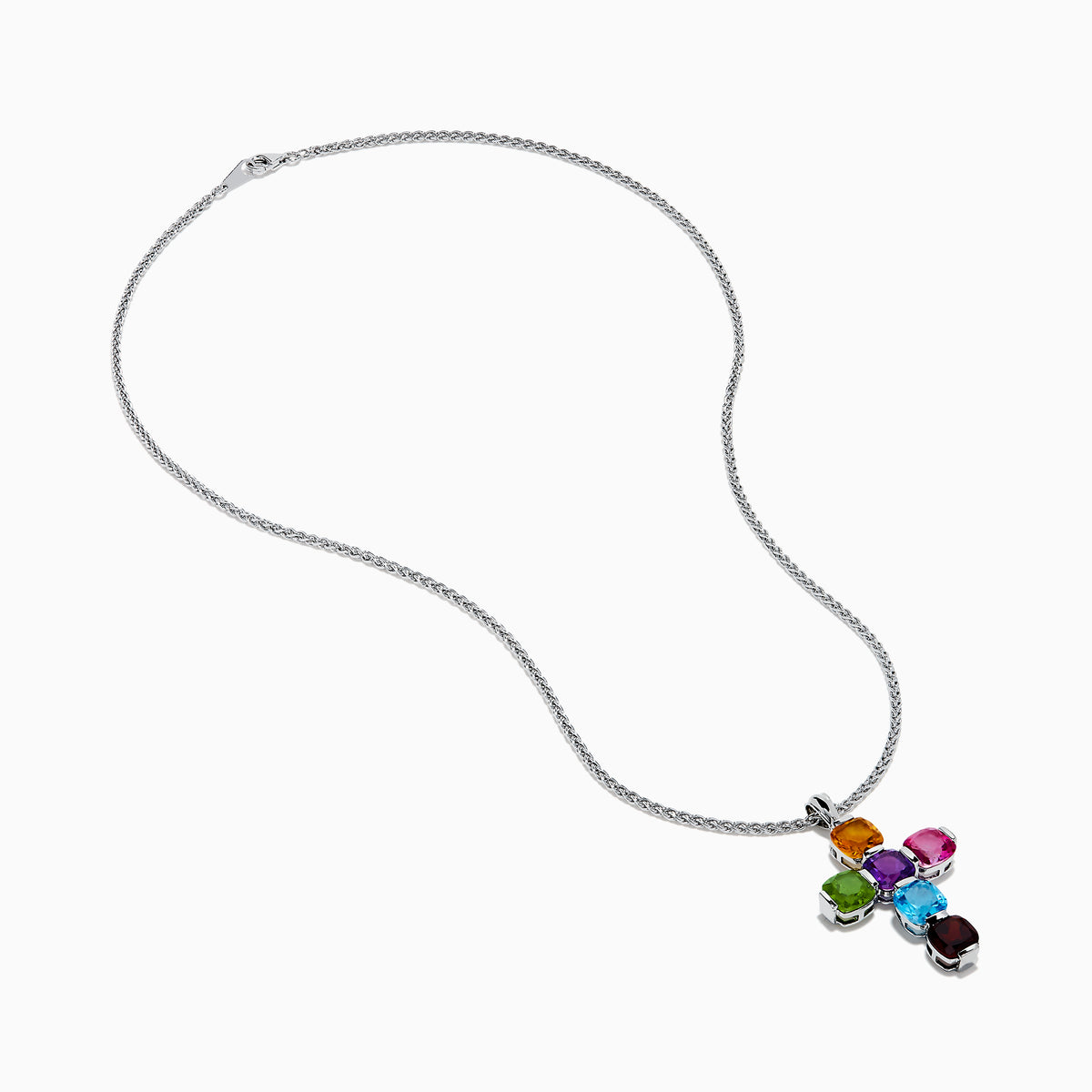 The Mosaic 925 Sterling Silver Multi Color Gemstone Cross Pendant features a sterling silver chain and cross with orange at the top, pink on the right, green on the left, blue and aqua in the center, and dark red at the bottom.