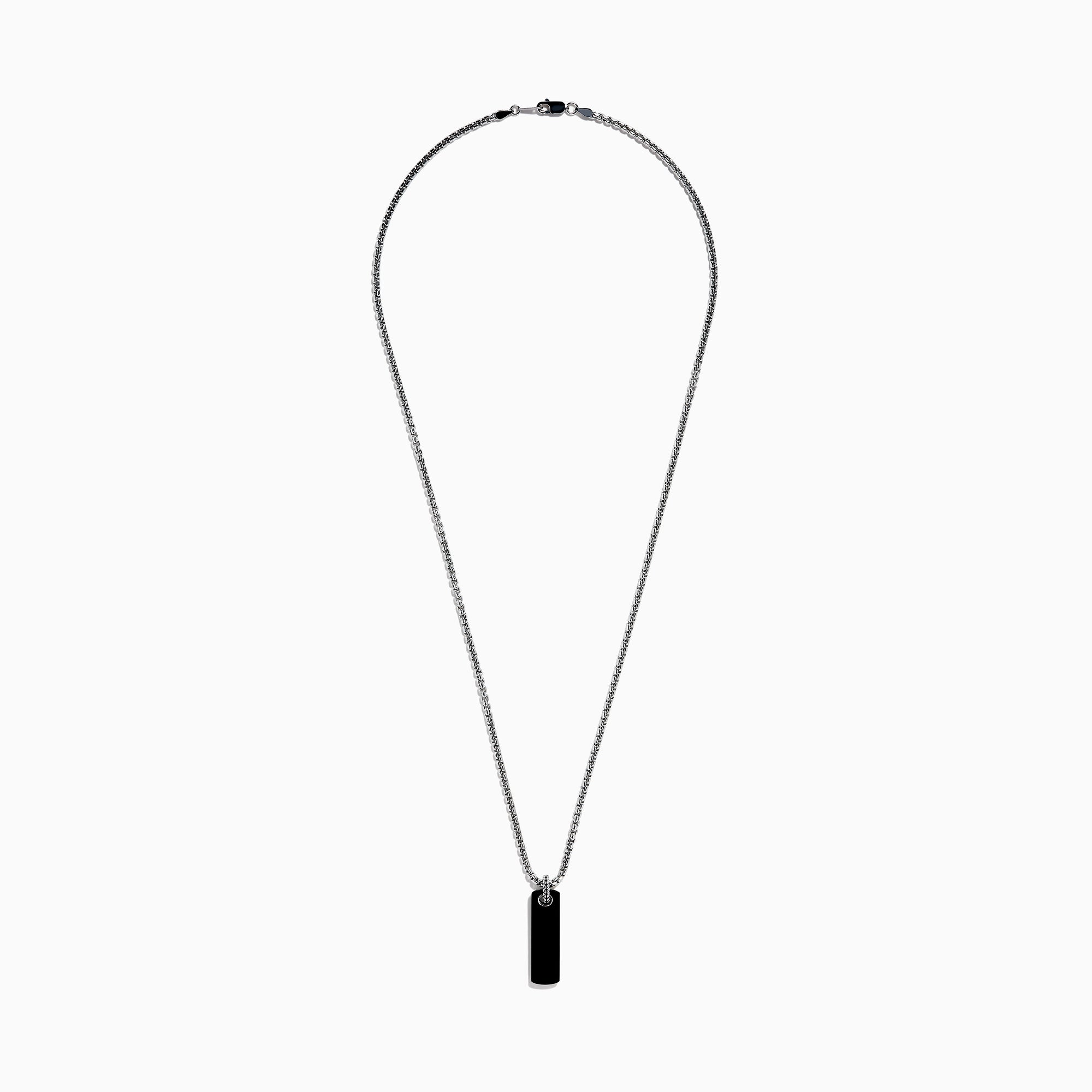 The Men's Sterling Silver Onyx Dog Tag Pendant features a simple rectangular onyx set in sterling silver, suspended from a chain and displayed against a plain white background.
