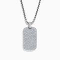 The Mens 925 Sterling Silver White Sapphire Dog Tag Pendant showcases a rectangular pendant adorned with sparkling white sapphires, suspended from a sleek, box-link sterling silver chain.