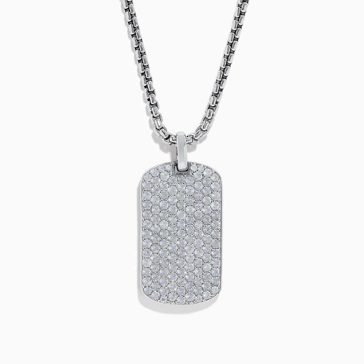 The Mens 925 Sterling Silver White Sapphire Dog Tag Pendant showcases a rectangular pendant adorned with sparkling white sapphires, suspended from a sleek, box-link sterling silver chain.