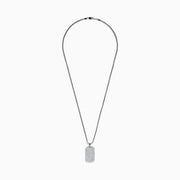 The Mens 925 Sterling Silver White Sapphire Dog Tag Pendant showcases a rectangular pendant adorned with sparkling white sapphires, suspended from a sleek, box-link sterling silver chain.