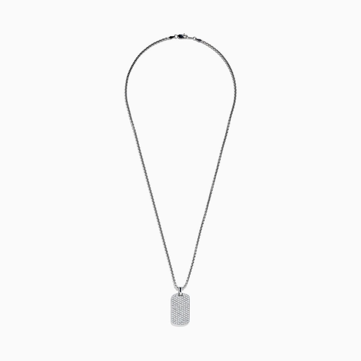 The Mens 925 Sterling Silver White Sapphire Dog Tag Pendant showcases a rectangular pendant adorned with sparkling white sapphires, suspended from a sleek, box-link sterling silver chain.