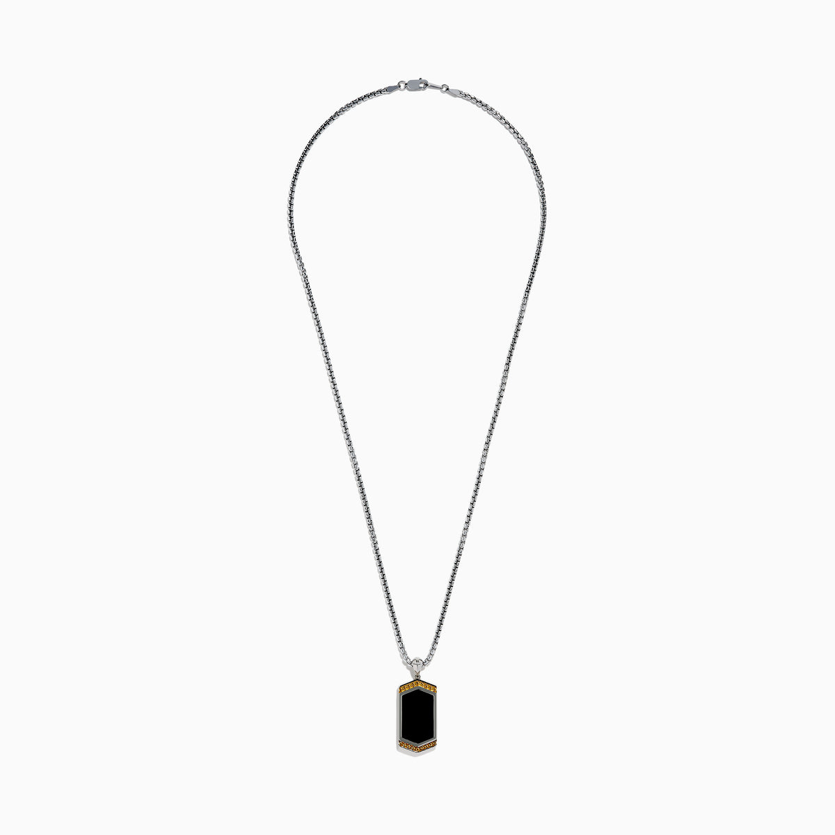 The Mens 925 Sterling Silver Onyx Pendant features a silver chain and a rectangular onyx pendant framed in silver, with a gold border and small gold studs accenting the top and bottom edges.