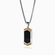 The Mens 925 Sterling Silver Onyx Pendant features a silver chain and a rectangular onyx pendant framed in silver, with a gold border and small gold studs accenting the top and bottom edges.