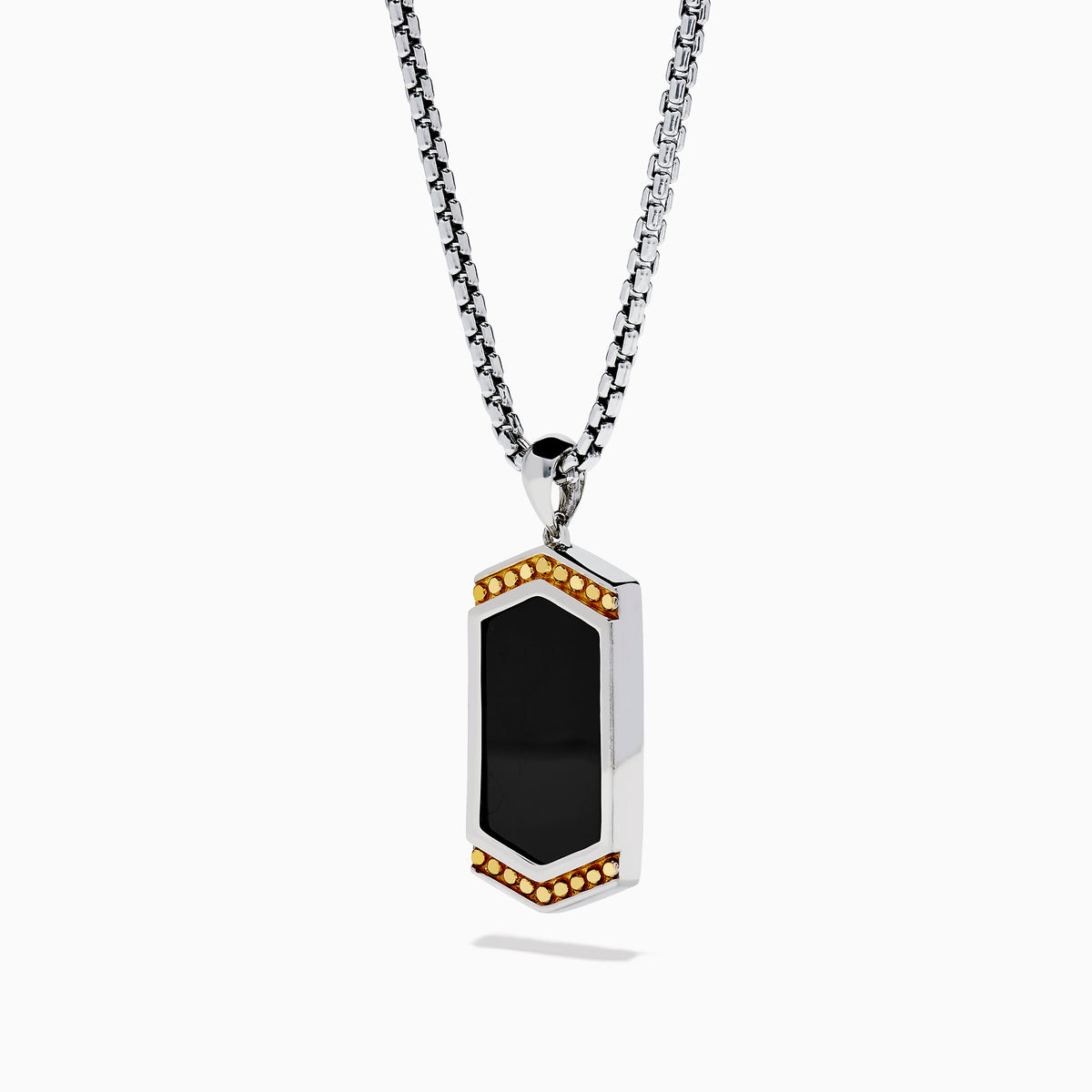 The Mens 925 Sterling Silver Onyx Pendant features a silver chain and a rectangular onyx pendant framed in silver, with a gold border and small gold studs accenting the top and bottom edges.