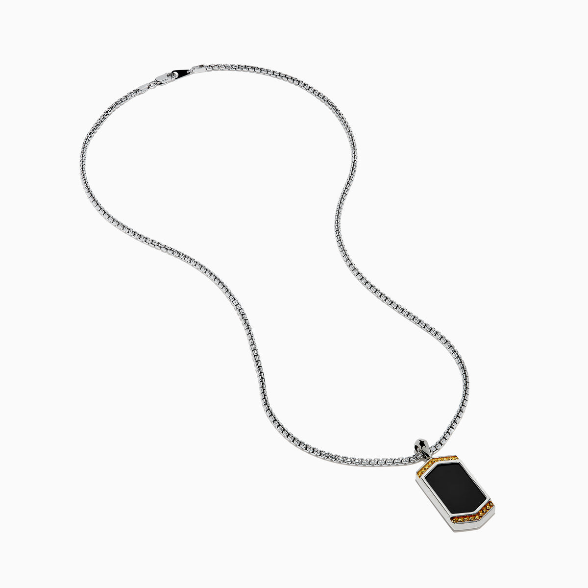 The Mens 925 Sterling Silver Onyx Pendant features a silver chain and a rectangular onyx pendant framed in silver, with a gold border and small gold studs accenting the top and bottom edges.
