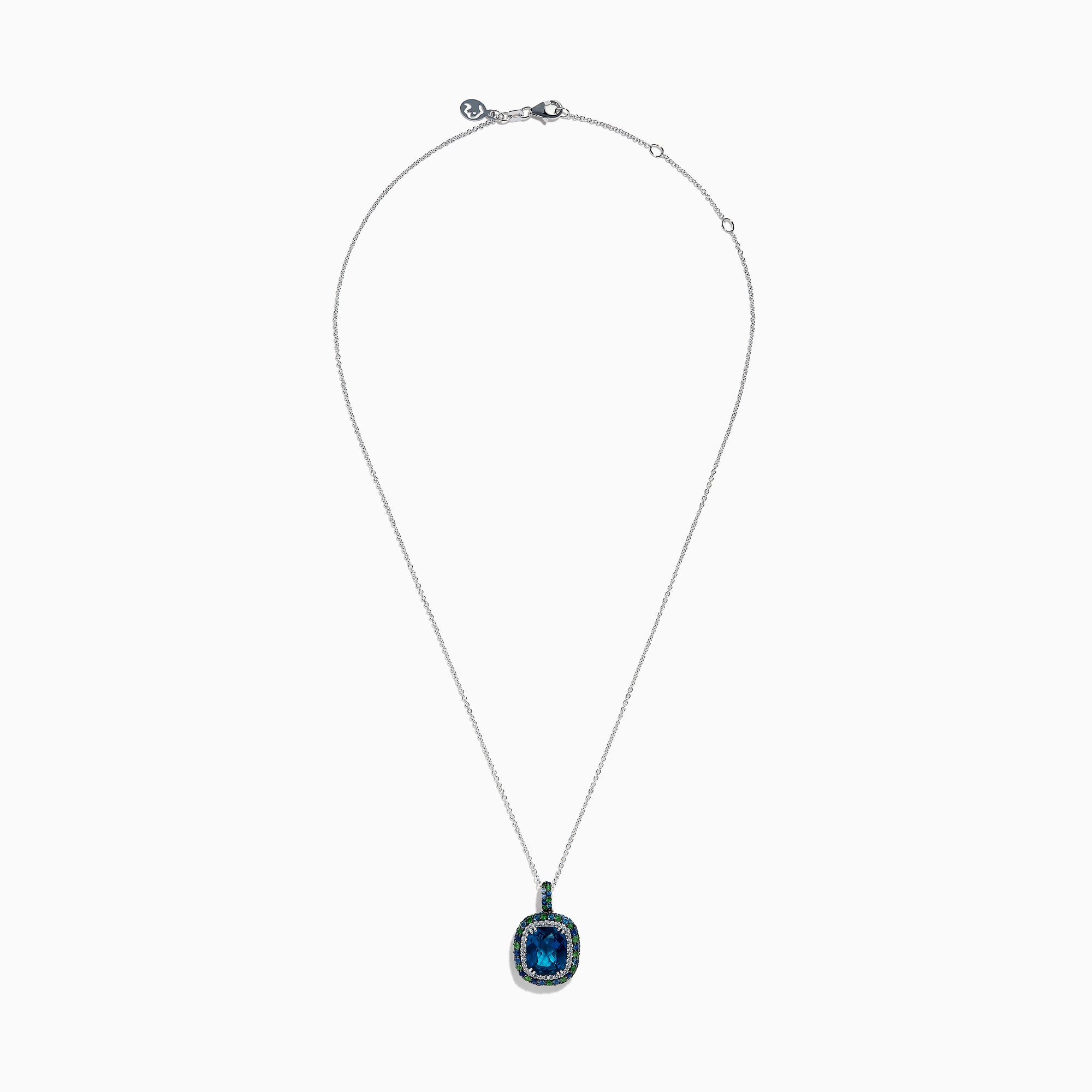 The 925 Sterling Silver Blue Topaz Cushion Multi Gemstone Halo Pendant features a cushion-cut blue topaz, accented by small blue and green stones in a striking halo design.