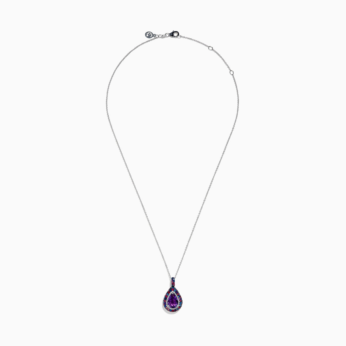 The 925 Sterling Silver Amethyst Pear Multi Gemstone Halo Pendant features a teardrop-shaped purple amethyst surrounded by sparkling blue, red, and clear gemstones on a stunning silver chain.