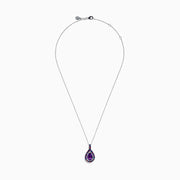 The 925 Sterling Silver Amethyst Pear Multi Gemstone Halo Pendant features a teardrop-shaped purple amethyst surrounded by sparkling blue, red, and clear gemstones on a stunning silver chain.