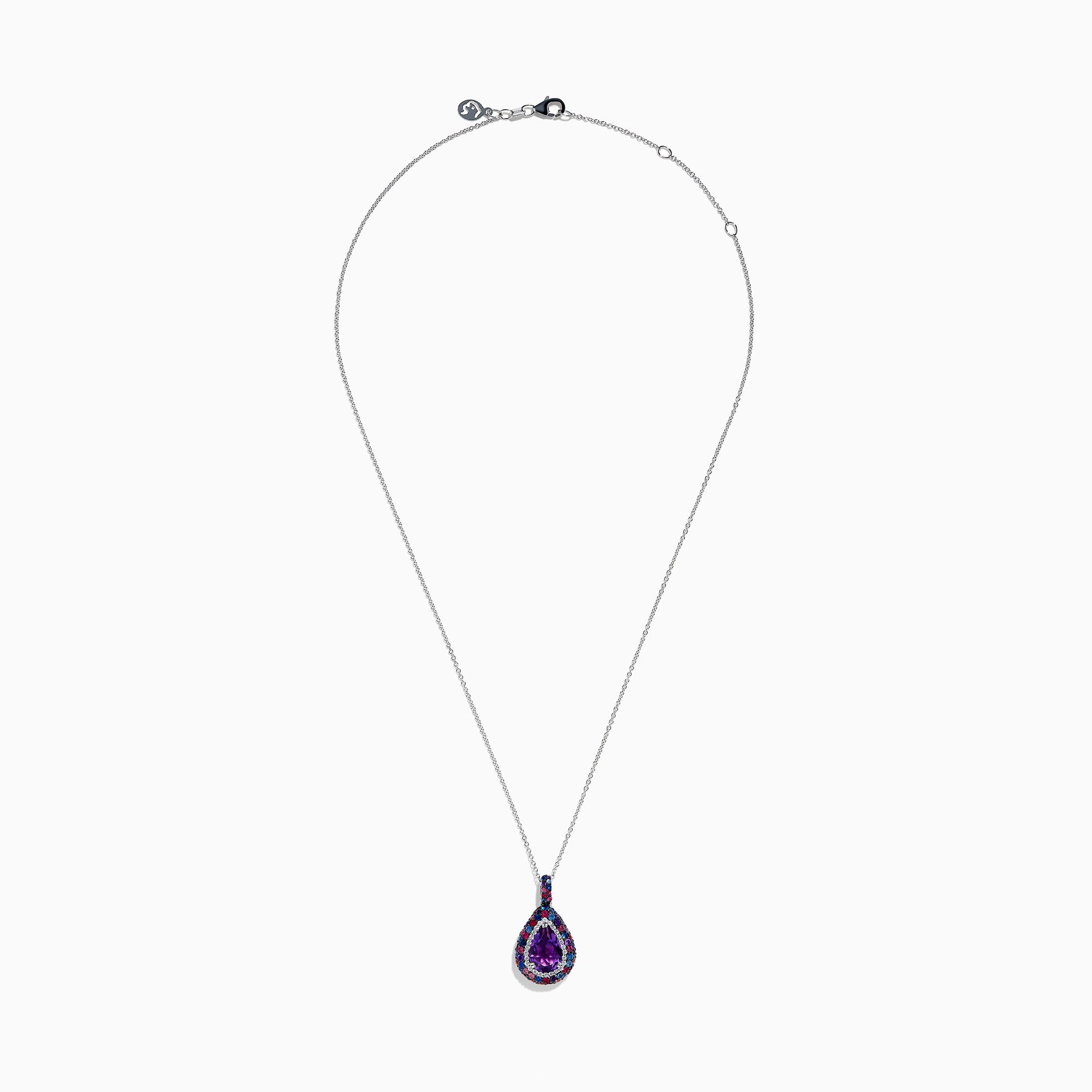 The 925 Sterling Silver Amethyst Pear Multi Gemstone Halo Pendant features a teardrop-shaped purple amethyst surrounded by sparkling blue, red, and clear gemstones on a stunning silver chain.