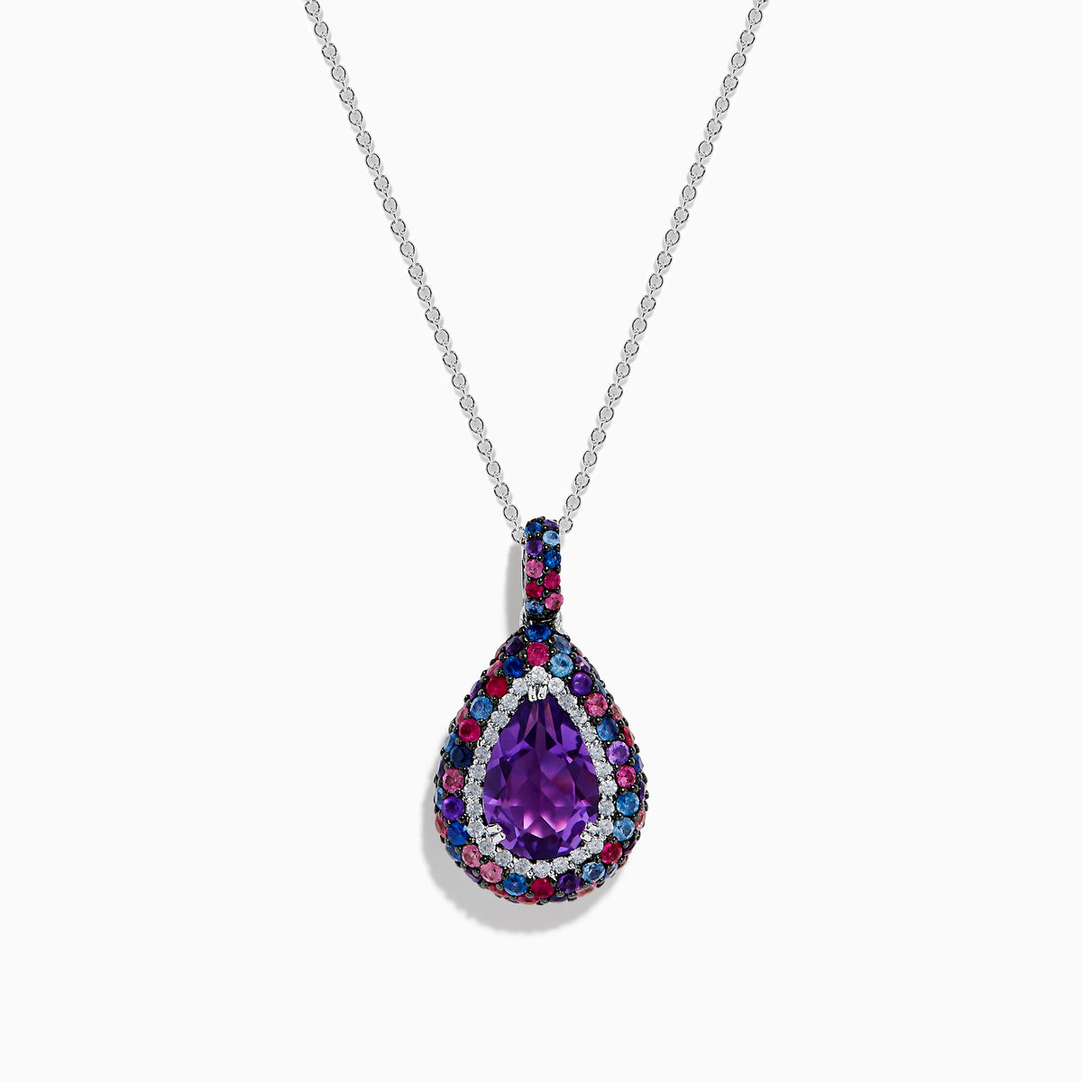 The 925 Sterling Silver Amethyst Pear Multi Gemstone Halo Pendant features a teardrop-shaped purple amethyst surrounded by sparkling blue, red, and clear gemstones on a stunning silver chain.