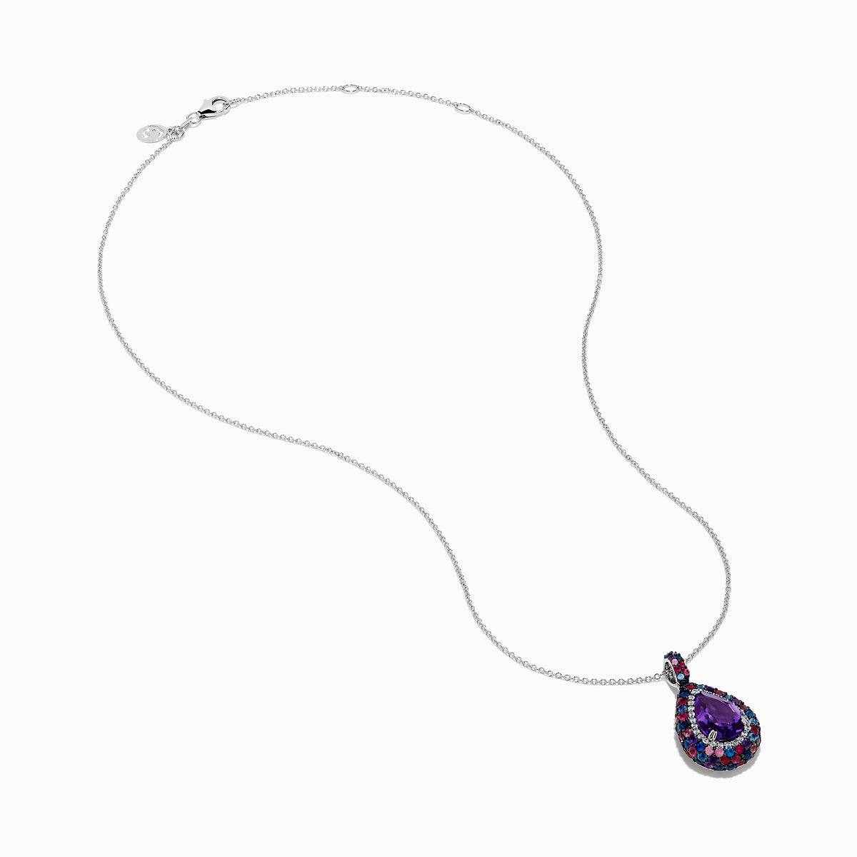 The 925 Sterling Silver Amethyst Pear Multi Gemstone Halo Pendant features a teardrop-shaped purple amethyst surrounded by sparkling blue, red, and clear gemstones on a stunning silver chain.