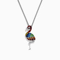 The Splash Sterling Silver Multi Sapphires Flamingo Pendant features a one-legged flamingo adorned with vibrant red, blue, green, yellow, orange, and white gemstones on a sterling silver chain necklace.
