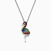 The Splash Sterling Silver Multi Sapphires Flamingo Pendant features a one-legged flamingo adorned with vibrant red, blue, green, yellow, orange, and white gemstones on a sterling silver chain necklace.