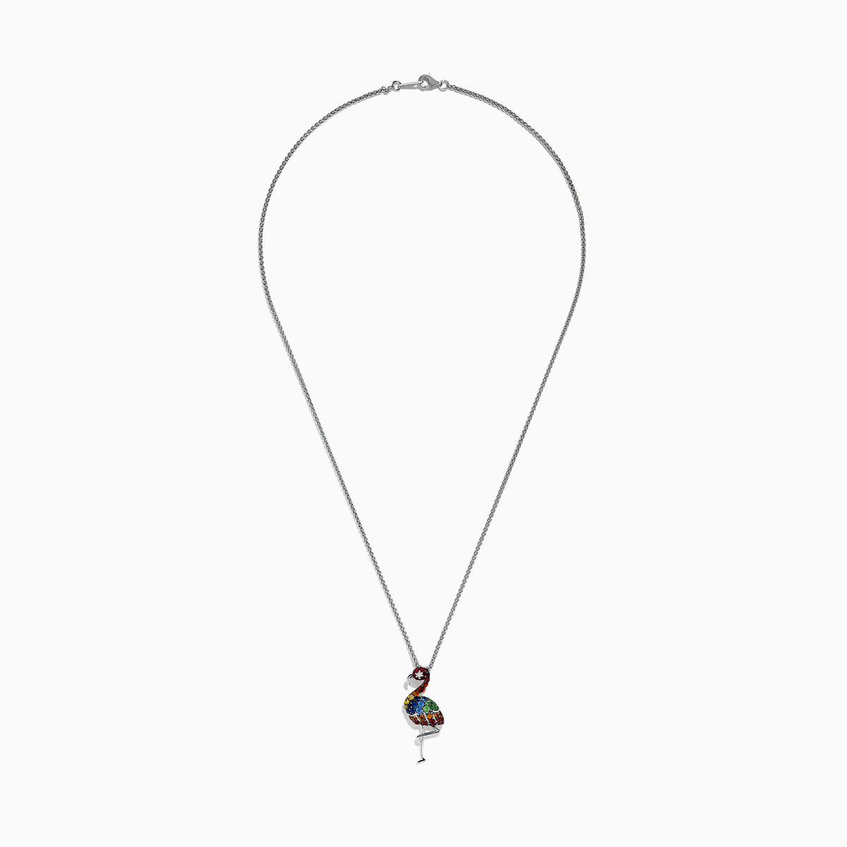 The Splash Sterling Silver Multi Sapphires Flamingo Pendant features a one-legged flamingo adorned with vibrant red, blue, green, yellow, orange, and white gemstones on a sterling silver chain necklace.