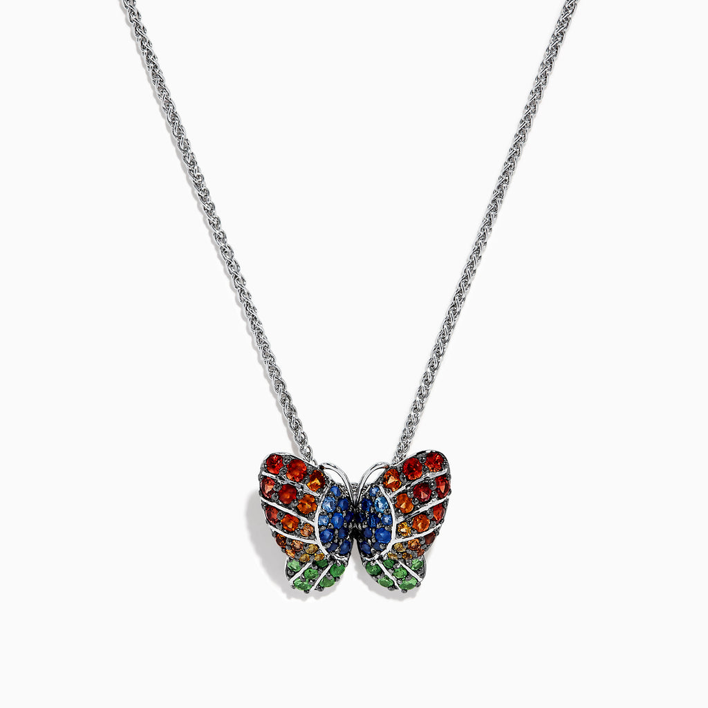The Nature Sterling Silver Multi Sapphires Butterfly Pendant features a butterfly design with red, blue, and green sapphires, showcased on a white background.