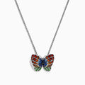 The Nature Sterling Silver Multi Sapphires Butterfly Pendant features a butterfly design with red, blue, and green sapphires, showcased on a white background.