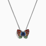 The Nature Sterling Silver Multi Sapphires Butterfly Pendant features a butterfly design with red, blue, and green sapphires, showcased on a white background.