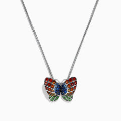 The Nature Sterling Silver Multi Sapphires Butterfly Pendant features a butterfly design with red, blue, and green sapphires, showcased on a white background.