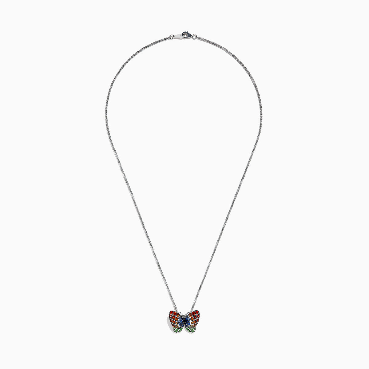 The Nature Sterling Silver Multi Sapphires Butterfly Pendant features a butterfly design with red, blue, and green sapphires, showcased on a white background.