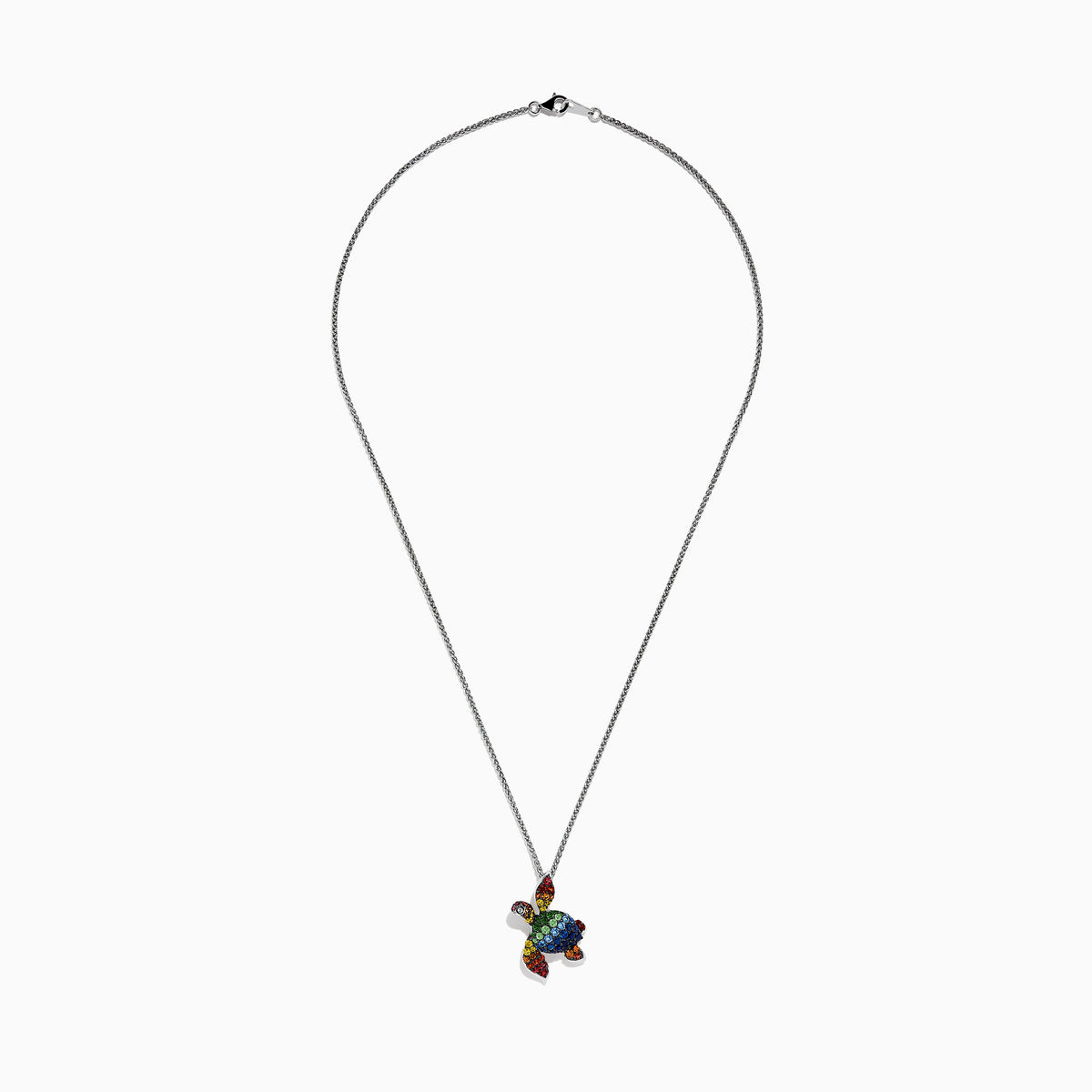 The 925 Seaside Sterling Silver Multi Sapphires Turtle Pendant is a striking chain necklace showcasing a detailed turtle pendant set with vibrant blue, green, yellow, orange, and red sapphires for an eye-catching look.