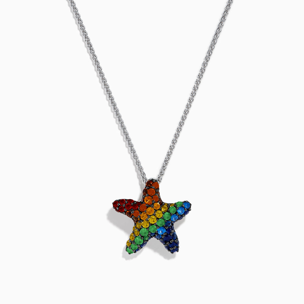 The Splash 925 Sterling Silver Multi Color Sapphire Starfish Pendant features a starfish-shaped pendant adorned with rainbow sapphires, displayed against a white background.