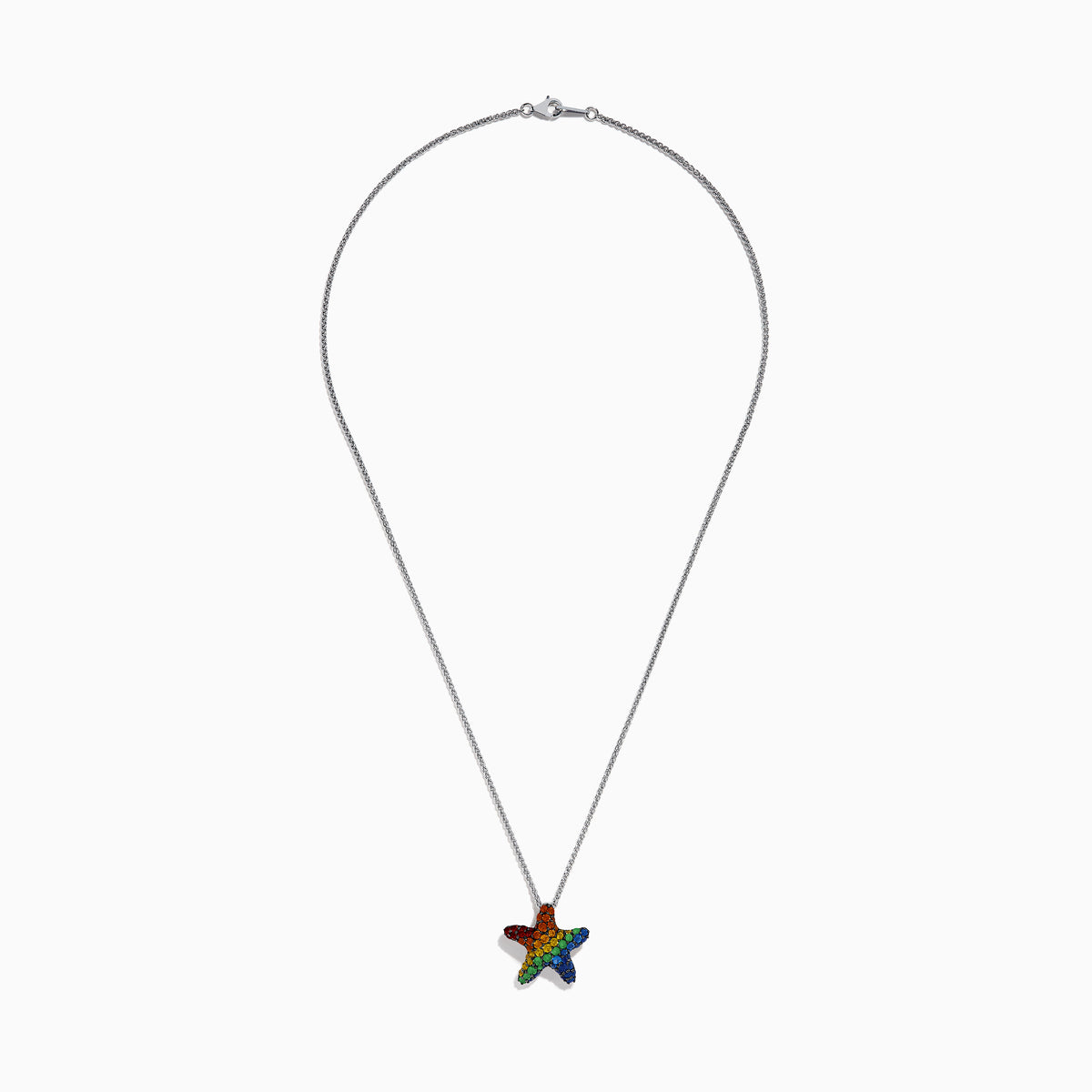 The Splash 925 Sterling Silver Multi Color Sapphire Starfish Pendant features a starfish-shaped pendant adorned with rainbow sapphires, displayed against a white background.