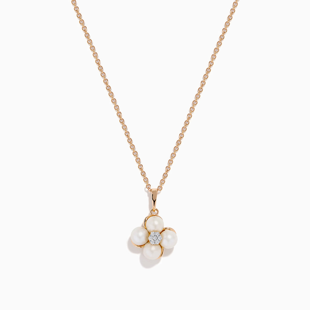 The 14K Rose Gold Fresh Water Pearl and Diamond Pendant features a four-petal flower design with sparkling diamonds and fresh water pearls, showcased on a white background.