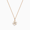The 14K Rose Gold Fresh Water Pearl and Diamond Pendant features a four-petal flower design with sparkling diamonds and fresh water pearls, showcased on a white background.