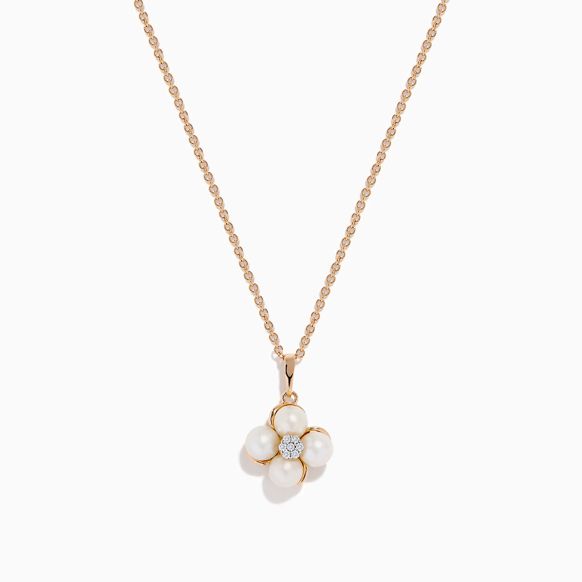 The 14K Rose Gold Fresh Water Pearl and Diamond Pendant features a four-petal flower design with sparkling diamonds and fresh water pearls, showcased on a white background.