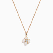 The 14K Rose Gold Fresh Water Pearl and Diamond Pendant features a four-petal flower design with sparkling diamonds and fresh water pearls, showcased on a white background.