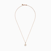 The 14K Rose Gold Fresh Water Pearl and Diamond Pendant features a four-petal flower design with sparkling diamonds and fresh water pearls, showcased on a white background.