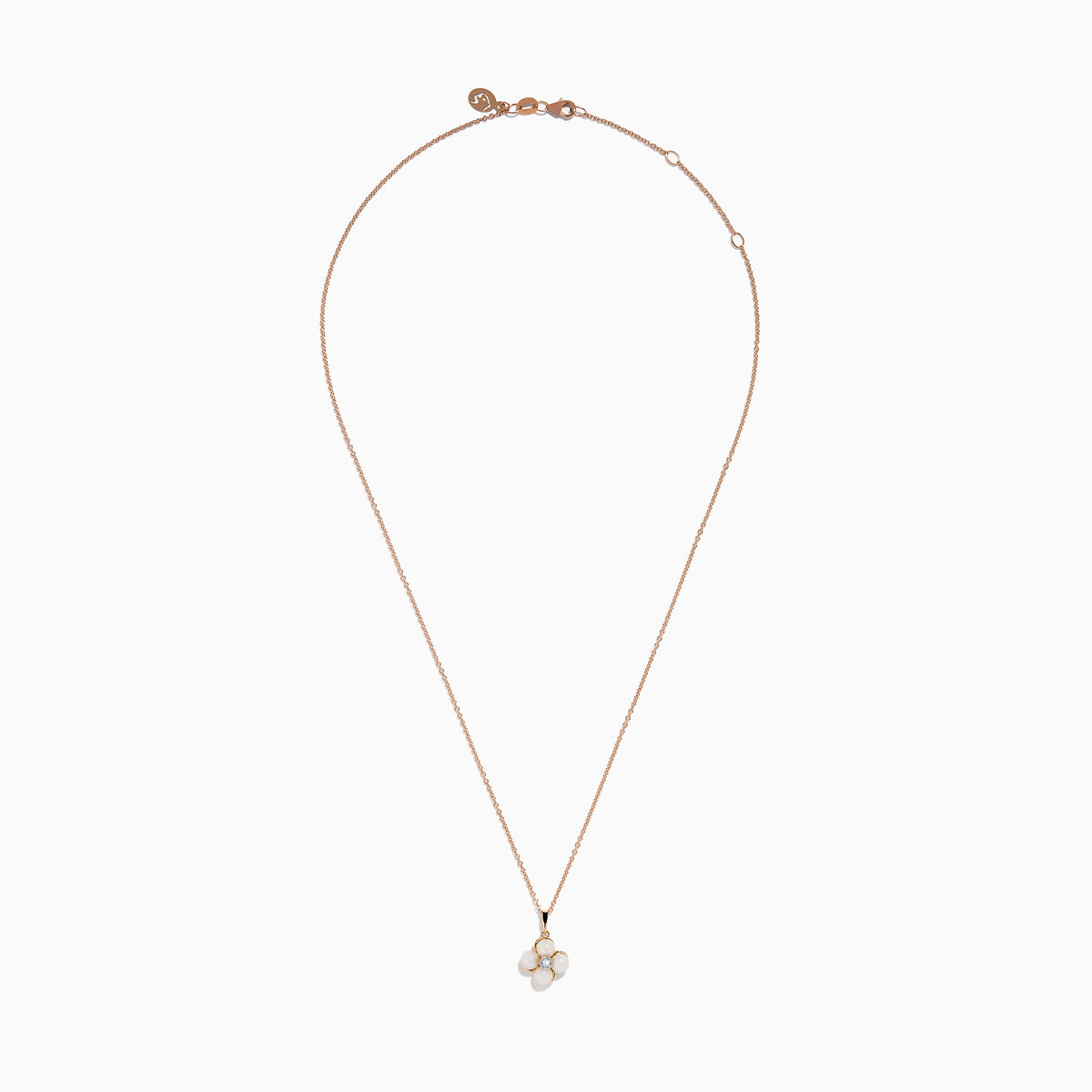 The 14K Rose Gold Fresh Water Pearl and Diamond Pendant features a four-petal flower design with sparkling diamonds and fresh water pearls, showcased on a white background.