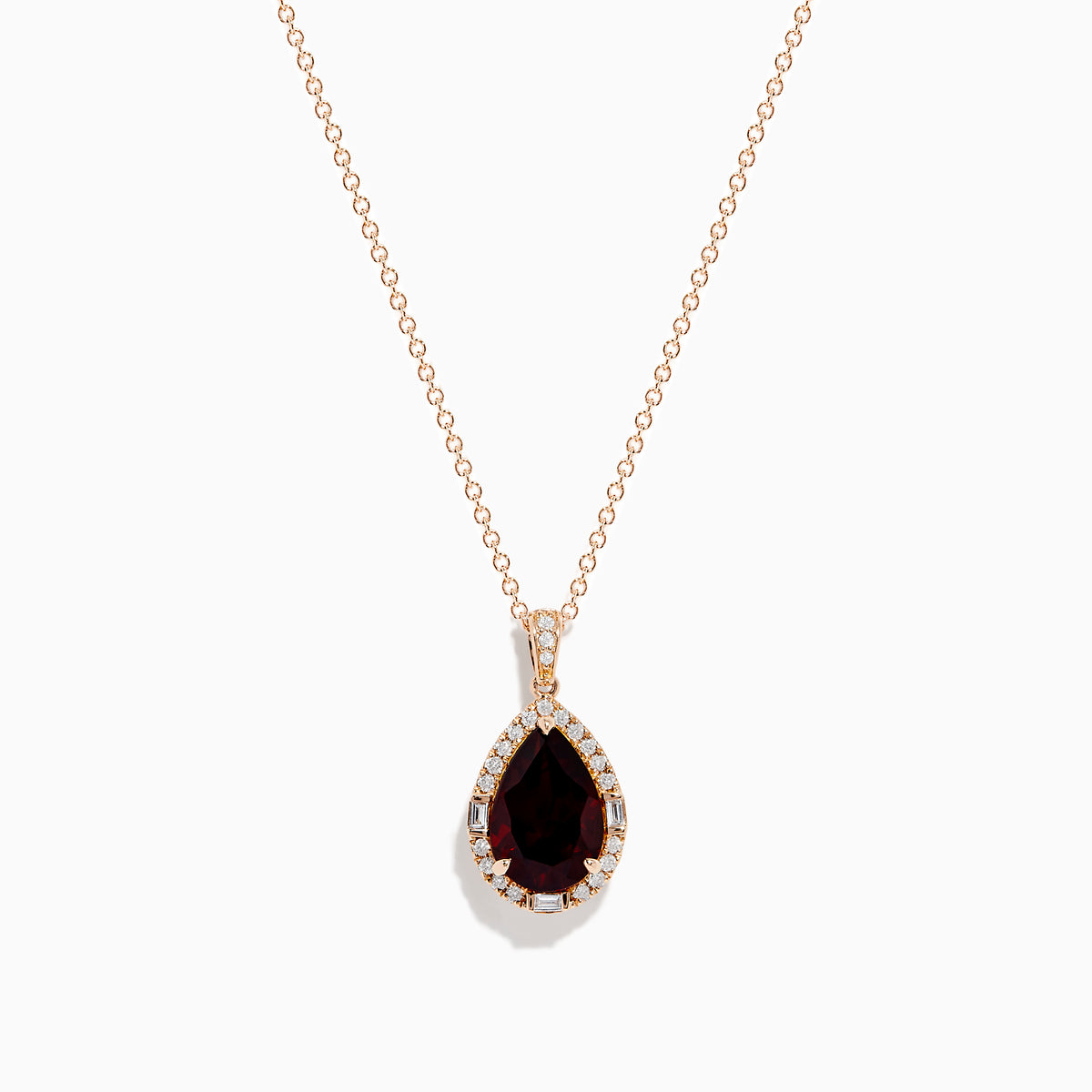 The 14K Rose Gold Garnet and Diamond Pendant features a teardrop-shaped deep red garnet accented by a halo of sparkling diamonds on a delicate rose gold chain.