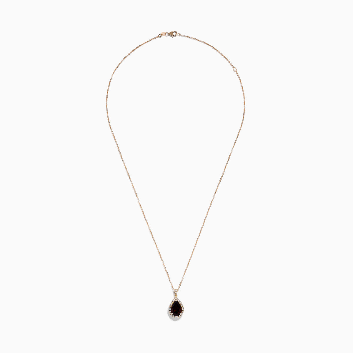 The 14K Rose Gold Garnet and Diamond Pendant features a teardrop-shaped deep red garnet accented by a halo of sparkling diamonds on a delicate rose gold chain.