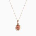 The Blush 14K Rose Gold Morganite Pendant features a teardrop morganite set in intricate rose gold on a delicate chain, shown against a white background.
