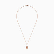 The Blush 14K Rose Gold Morganite Pendant features a teardrop morganite set in intricate rose gold on a delicate chain, shown against a white background.