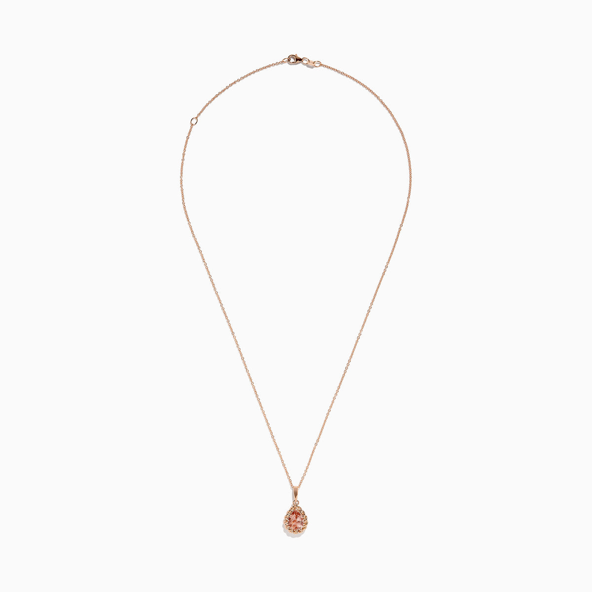 The Blush 14K Rose Gold Morganite Pendant features a teardrop morganite set in intricate rose gold on a delicate chain, shown against a white background.
